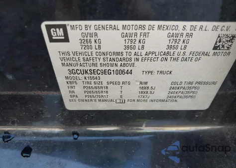 2014 Chevrolet Silverado 1500 2Lz from USA, damaged, VIN 3GCUKSEC9EG100644